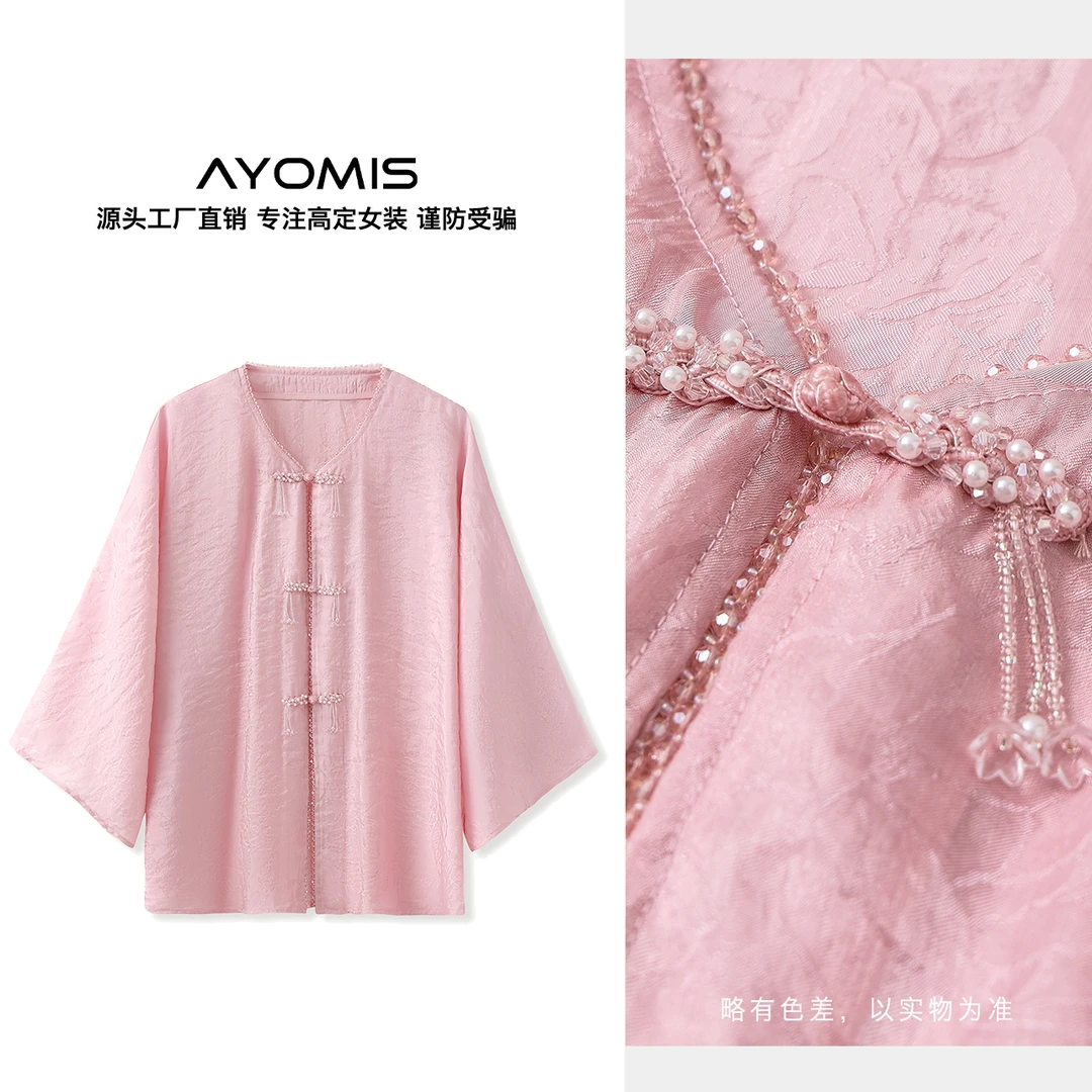 新中式甜美国风衬衫女夏季新款高级感圆领盘扣薄款外搭上衣M6007