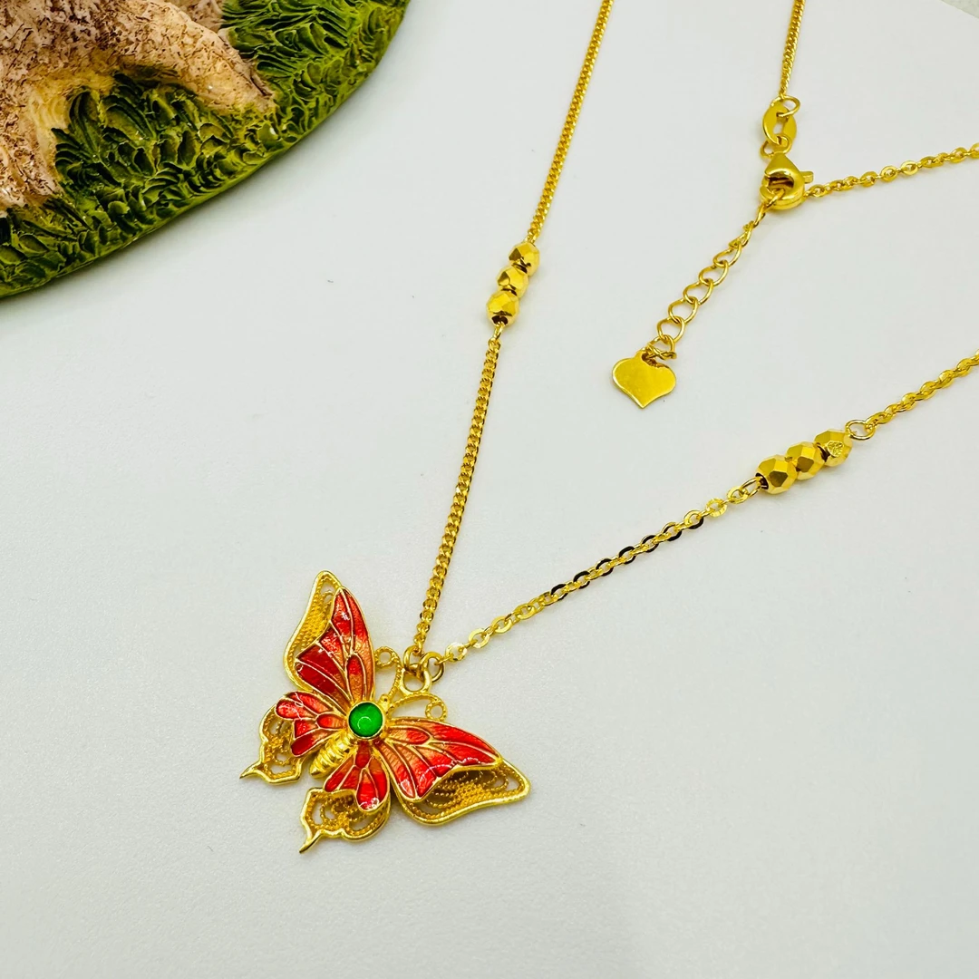 足金999 珐琅蝴蝶套链 5G工艺黄金珠宝首饰