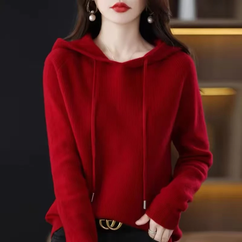 时髦慵懒风连帽外套女冬季新款加厚长袖针织卫衣新年红色打底毛衣