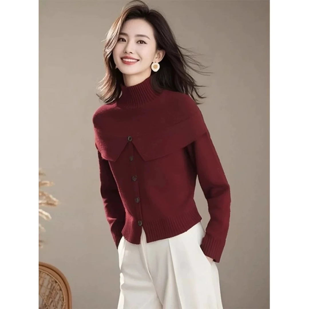 安可拉红穿搭软糯复古温柔奶fufu红色高领假两件针织毛衣外套女冬