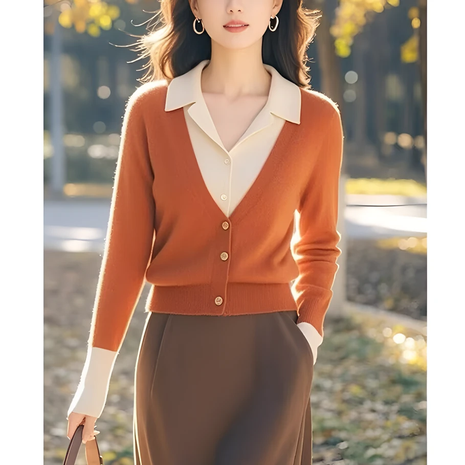 法式假两件上衣百搭温柔风时尚长袖拼接针织开衫修身打底衫女