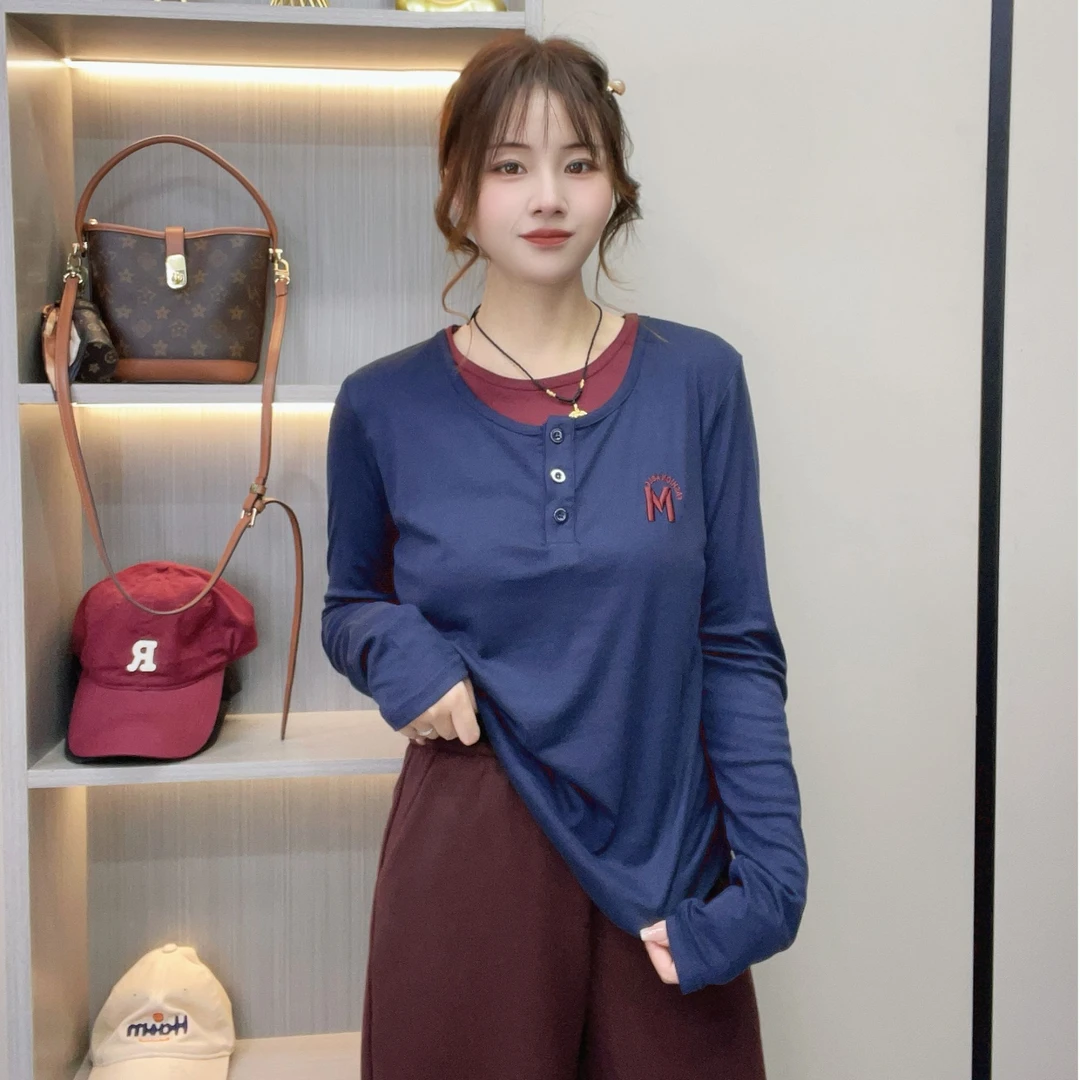 秋季新款时尚百搭宽松休闲显瘦圆领长袖气质假两件M9652