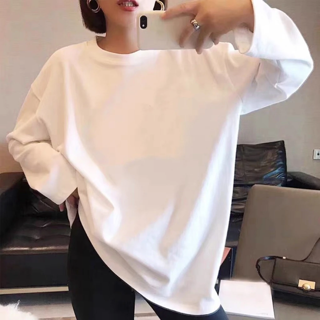 240g清仓纯棉长袖T恤女纯色白色打底衫女内搭韩版百搭衣服上衣春t
