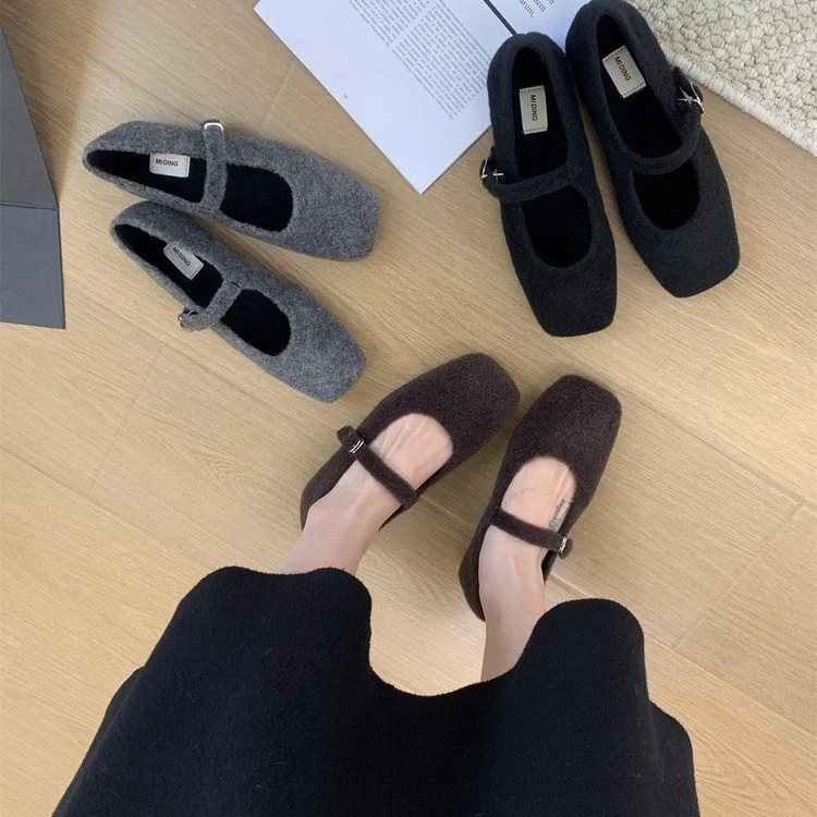 秋法式复古灰色玛丽珍棉鞋单鞋平底鞋乐福鞋毛毛鞋女棉鞋子