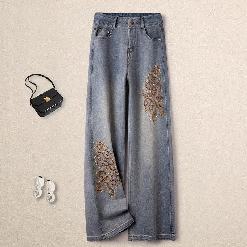 新中式国风牛仔裤女秋季2024新款爆款宽松显瘦直筒裤刺绣阔腿裤潮
