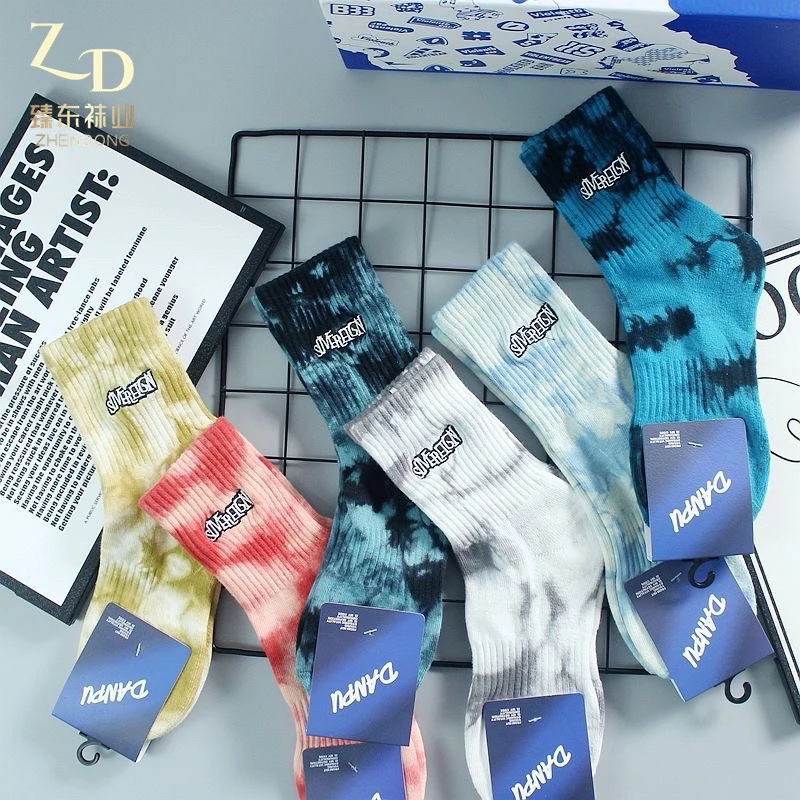 扎染秋冬袜子中筒男女ins欧美街头滑板运动刺绣毛巾底加厚篮球袜