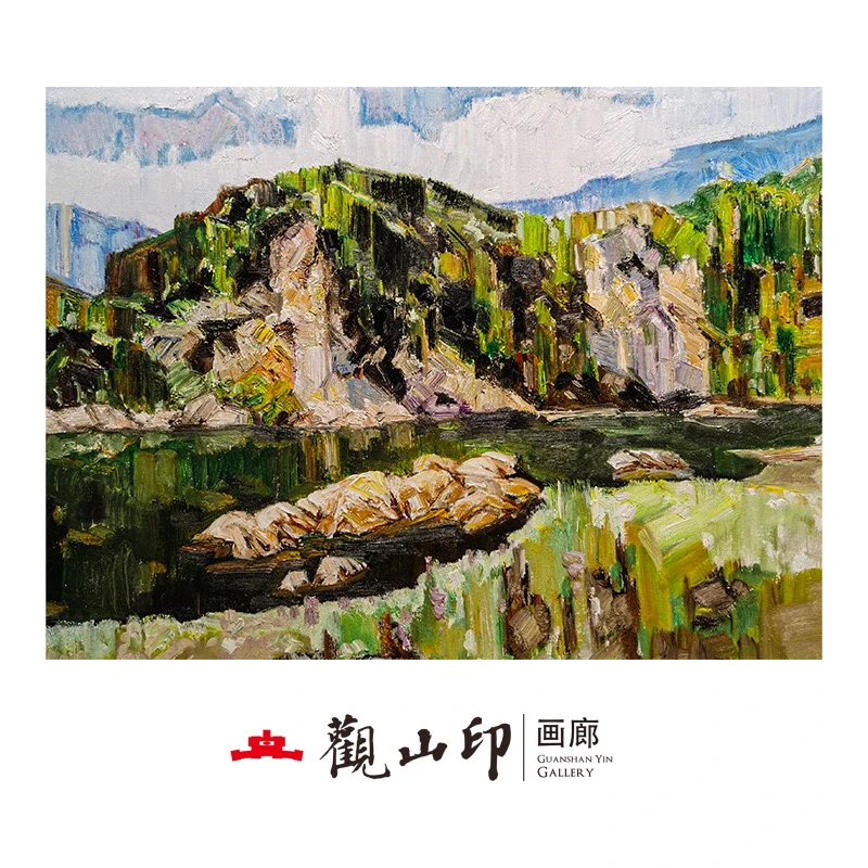 030碧水青山原创手绘风景油画80x60cm山水作品一