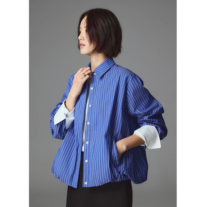 鲸乎茧型设计 撞色拼接袖口条纹衬衫女25春花苞宽松衬衣