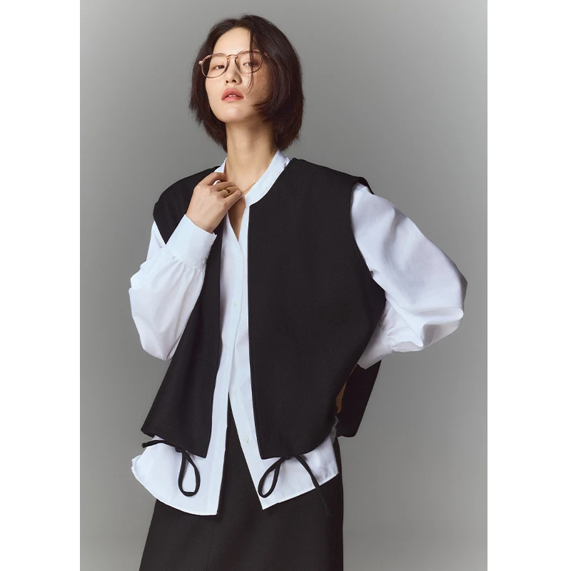 鲸乎  高端精纺100%绵羊毛轻奢圆领廓形马甲女25春新款马夹外套