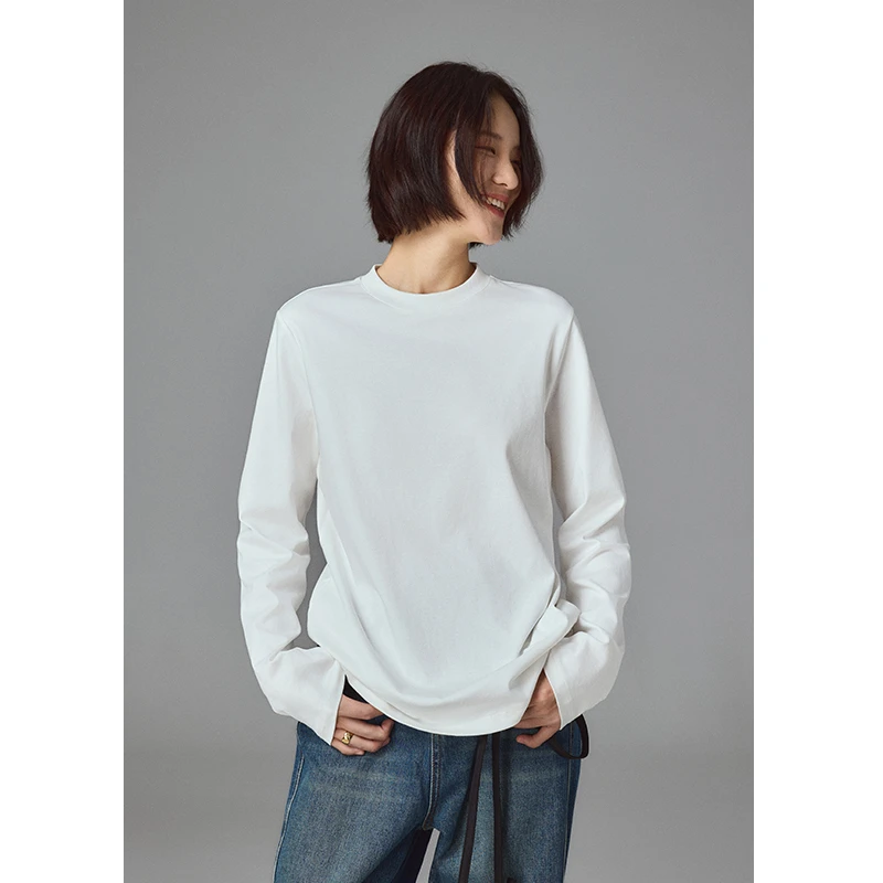鲸乎黑科技液氨圆领叠穿白色t恤女纯棉长袖长绒棉高级感打底衫