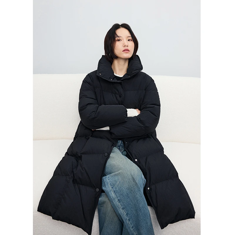 鲸乎90鹅绒服女新款中长款加厚保暖立领宽松款羽绒服