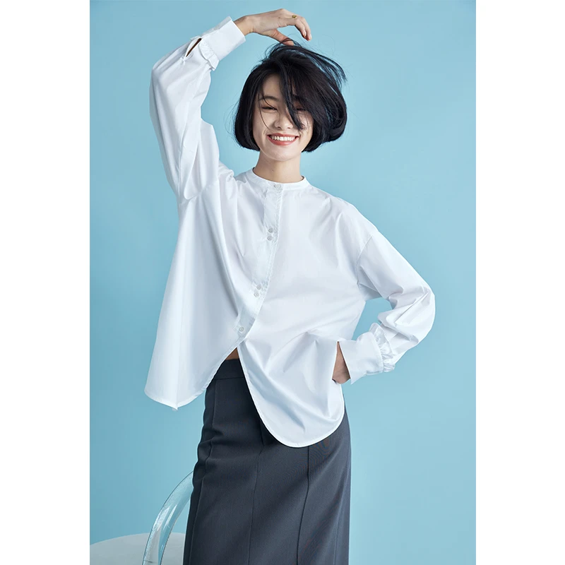 鲸乎女休闲白衬衫时尚洋气高端立领长袖春秋白色衬衣新款