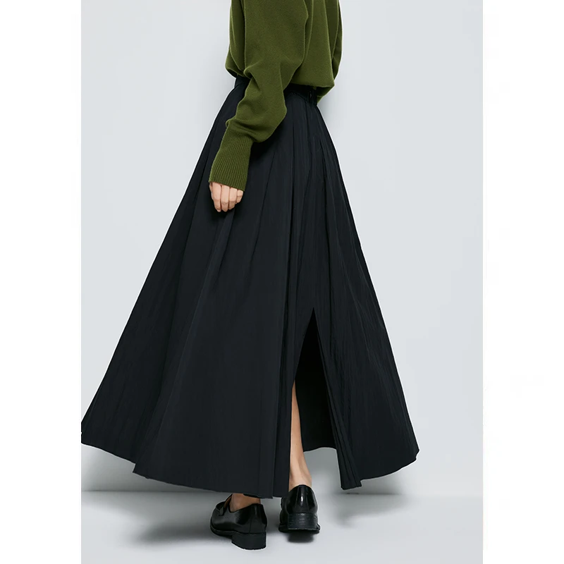 鲸乎  黑色半身裙女25春新款高腰气质后开叉a字裙通勤显瘦长裙