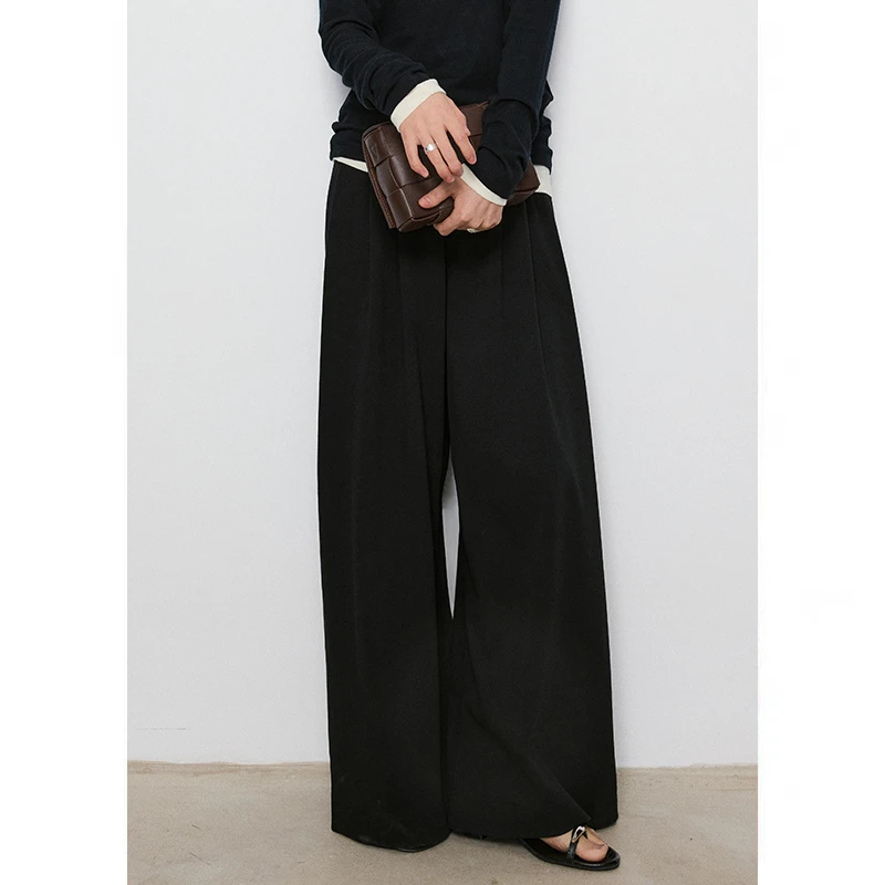 鲸乎【抢先购】老钱风松弛感阔腿裤女通勤宽腿裤松紧腰直筒裤