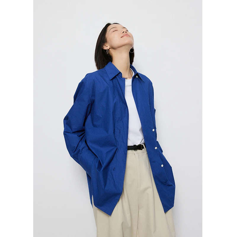 长绒棉阔版衬衫女25春新款克莱因蓝宽松廓形复古风衬衣