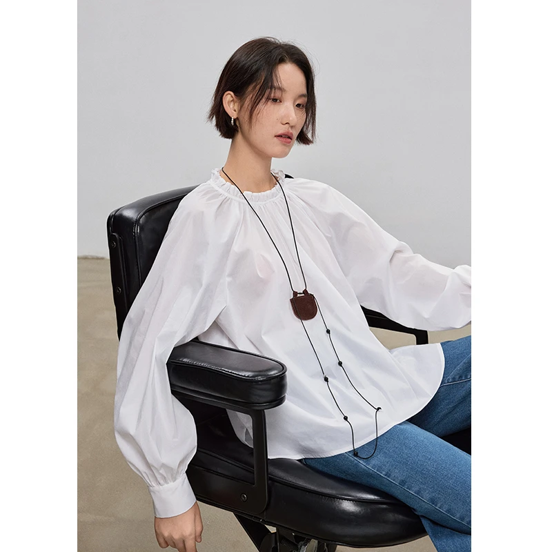 鲸乎法式立领木耳边设计白色衬衫女2025春通勤松弛廓形衬衣