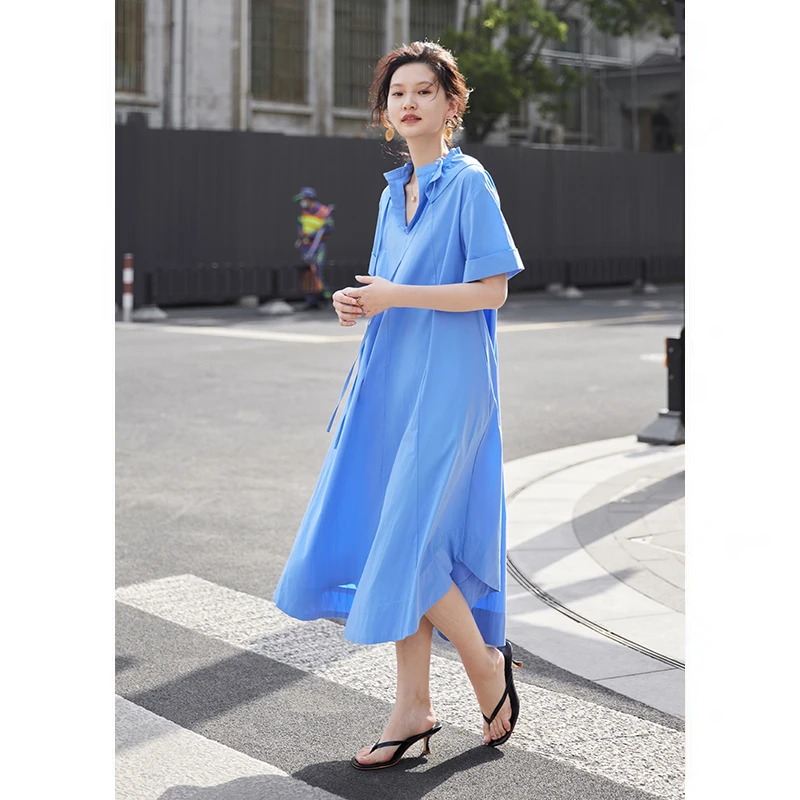 鲸乎全棉短袖连衣裙女梨形身材2023夏季新款宽松长裙小个子