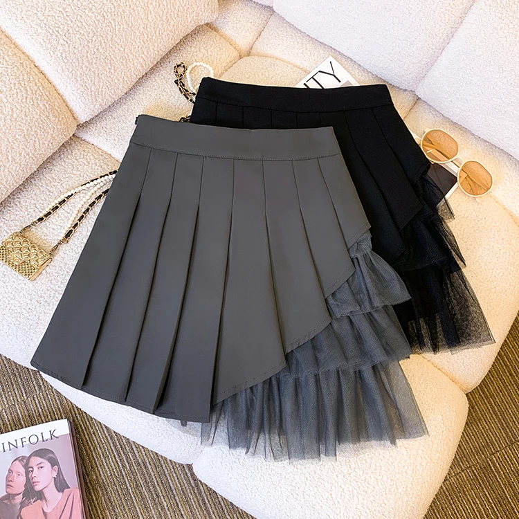 灰色不规则网纱拼接百褶短裙轻奢高定2025新款小众高腰a字半身裙