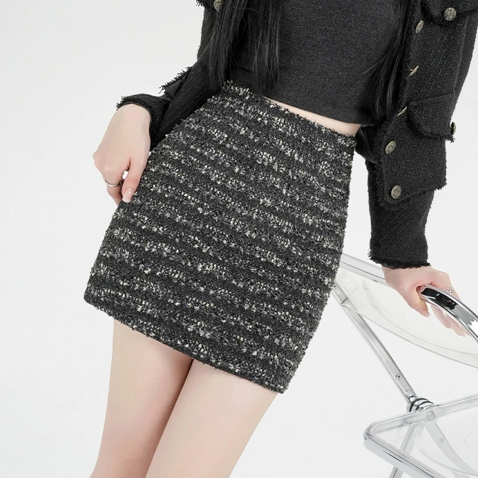 法式气质别致亮丝闪闪小香风半身裙时尚百搭显瘦辣妹粗花呢短裙子