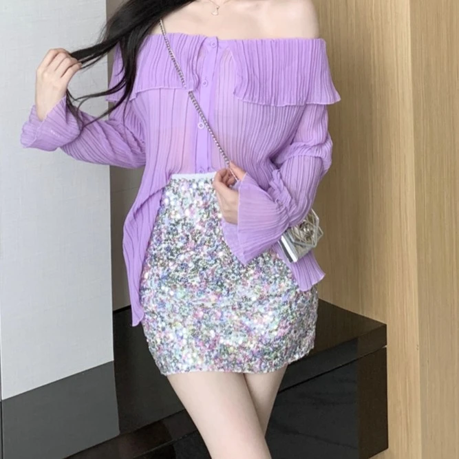 松紧腰彩色亮片半身裙夏季新款辣妹设计感亮闪闪包臀裙A字裙短裙