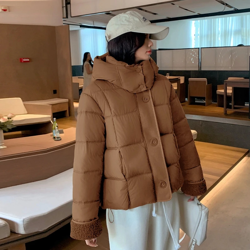 女士时尚设计大扣子立领连帽保暖加厚棉服棉衣827