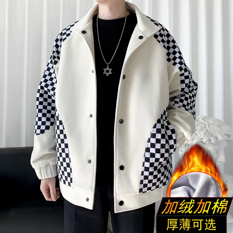 棋盘格毛呢外套男秋冬款潮牌轻熟风男装高级感小众加厚羊羔绒夹克