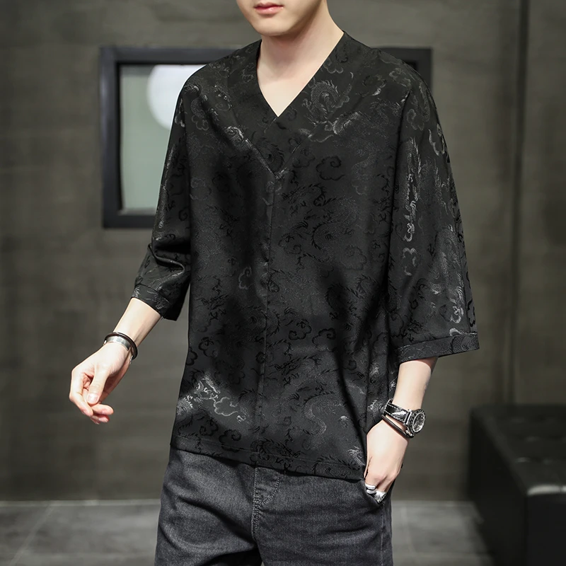 中国风男装夏季男短袖t恤宽松冰丝半袖v领打底衫大码上衣体恤潮