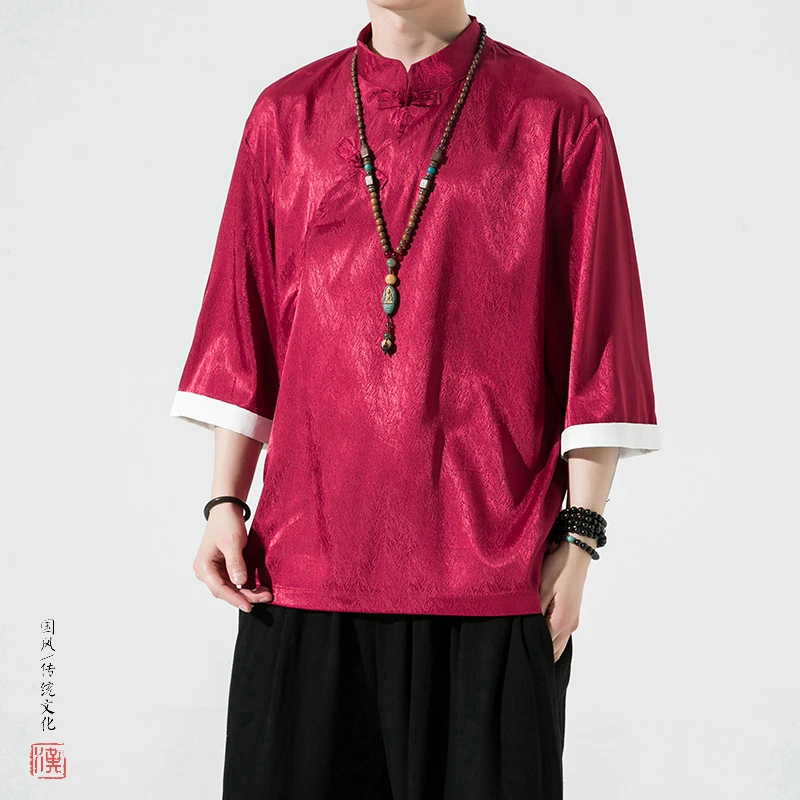 冰丝短袖衬衫男士中国风暗花复古唐装禅茶汉服五分袖夏季半袖衬衣
