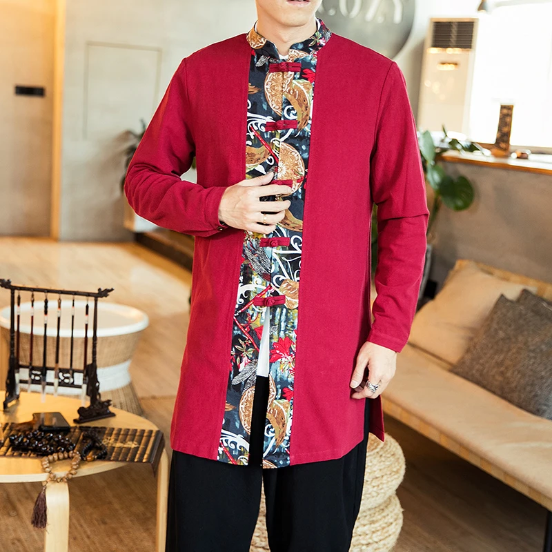 春秋新款男士中国风民族风唐装藏装藏服中长款佛系棉麻风衣外套