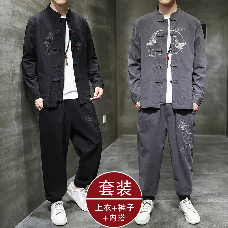 春秋款中国风套装男汉服古风道袍潮牌古装外套青年中山装中式唐装