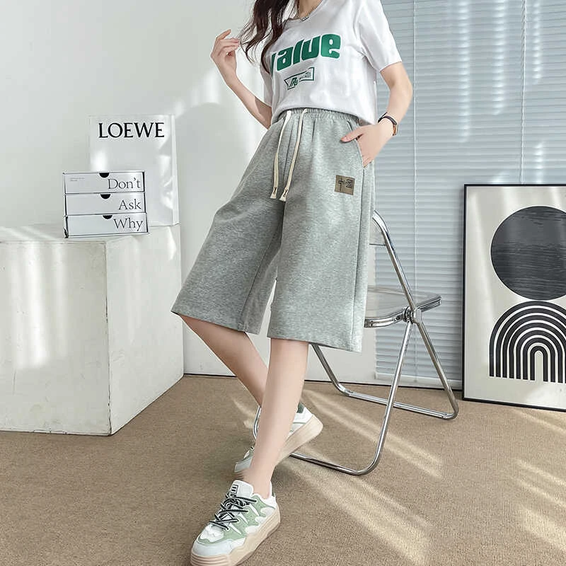 棉七分运动裤女夏季薄款2025新款高腰垂感宽松大码中学生阔腿裤