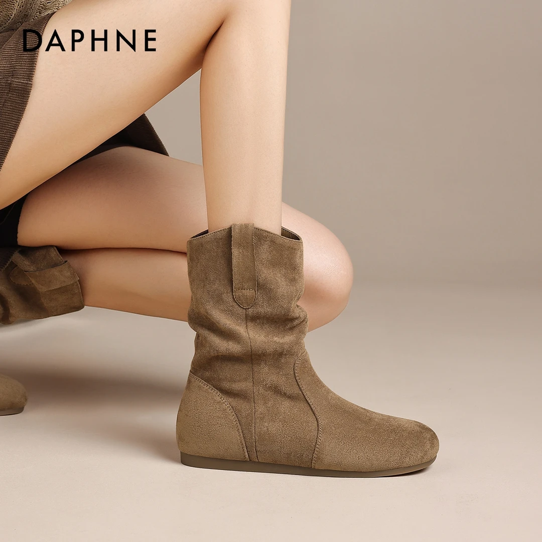 达芙妮网红爆款黑色绒面博肯短靴女款25秋冬加绒堆堆靴内增高靴子