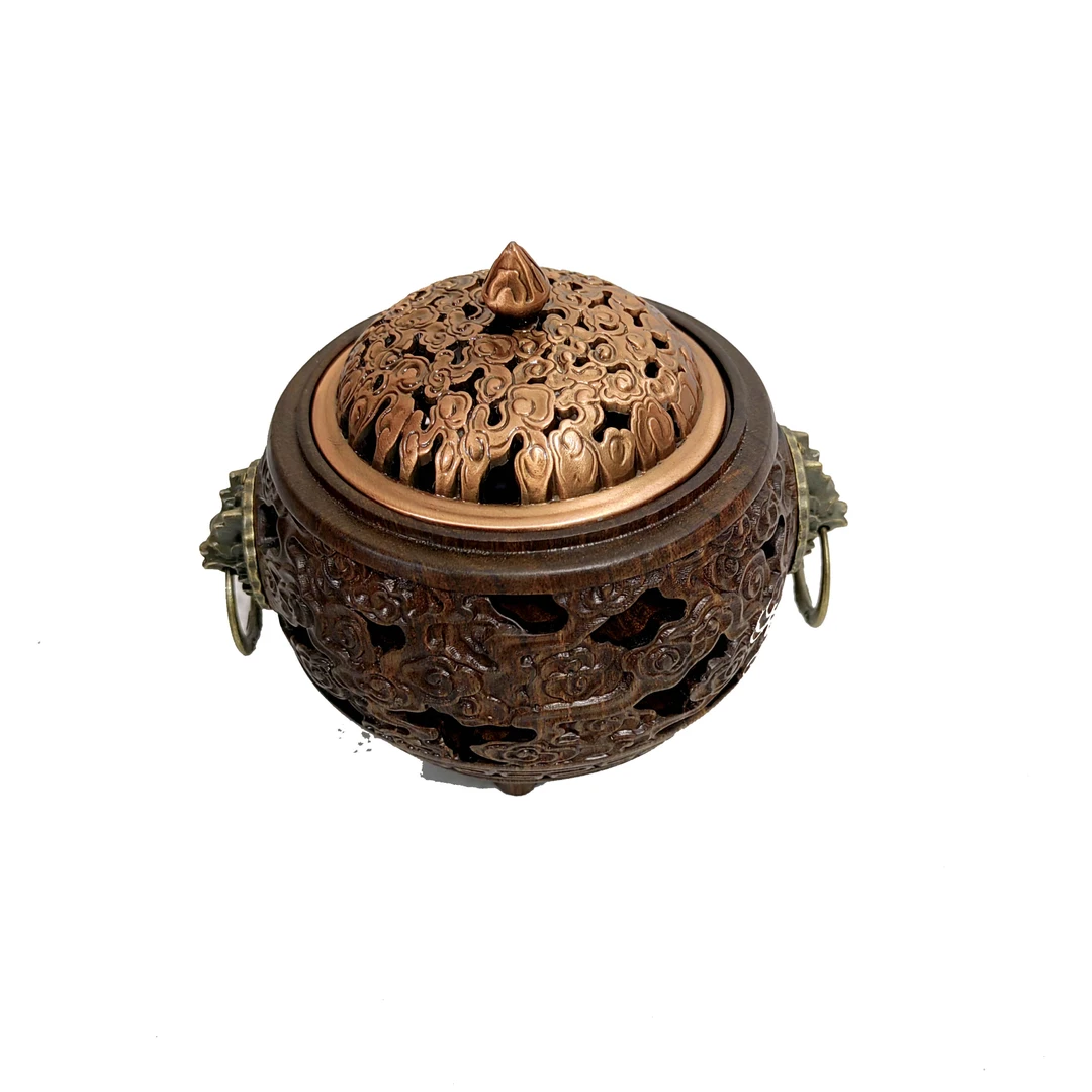 黑檀木云顶香炉摆件工艺品摆件镂空雕刻浮雕