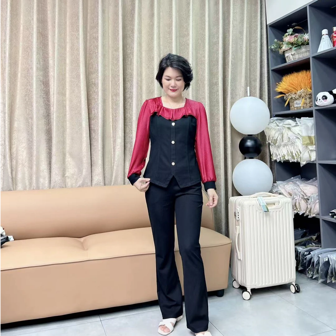 93103初秋新款气质方领拼色精致女装修身遮肚显瘦套装