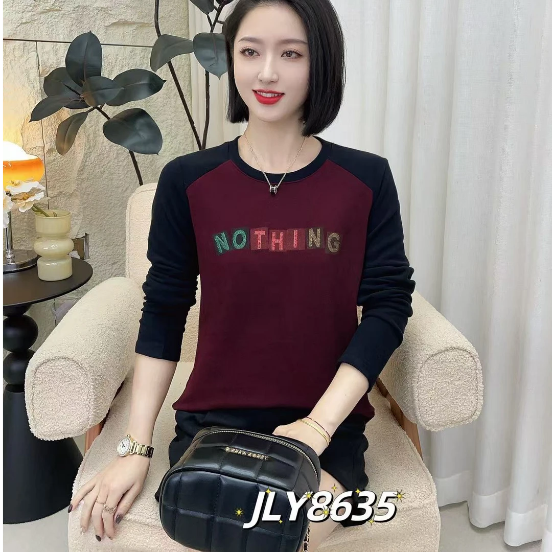 8635新款时尚修身显瘦拼色双面德绒圆领上衣