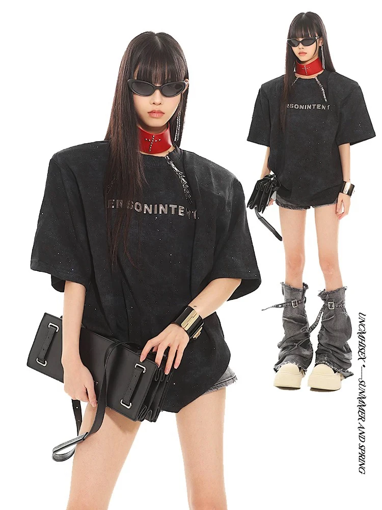 TURNTIDE  小众重磅设计感满天星垫肩金属印花T恤 炸街痞帅短袖