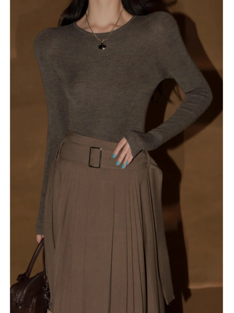 露露专属-新奥美利奴羊毛针织衫女修身圆领毛衣打底衫PI24X238