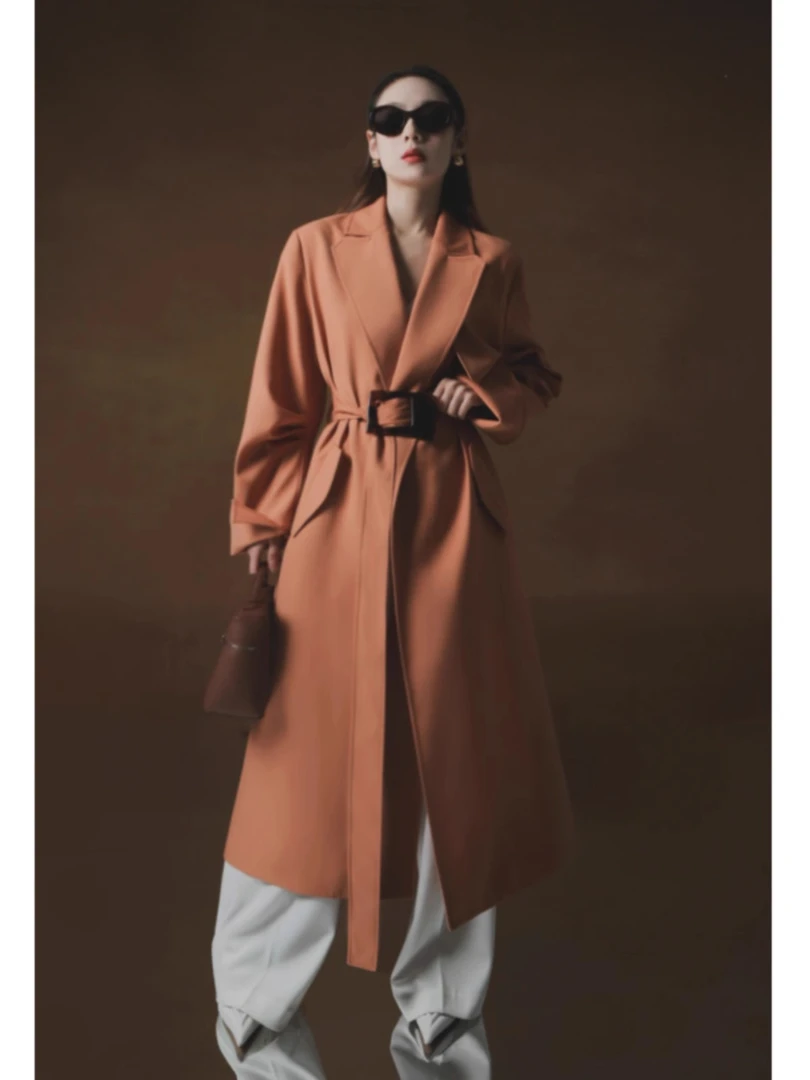 露露专属-欧美秀场亚克力方扣风衣女酷飒中长款风衣外套PI23C269