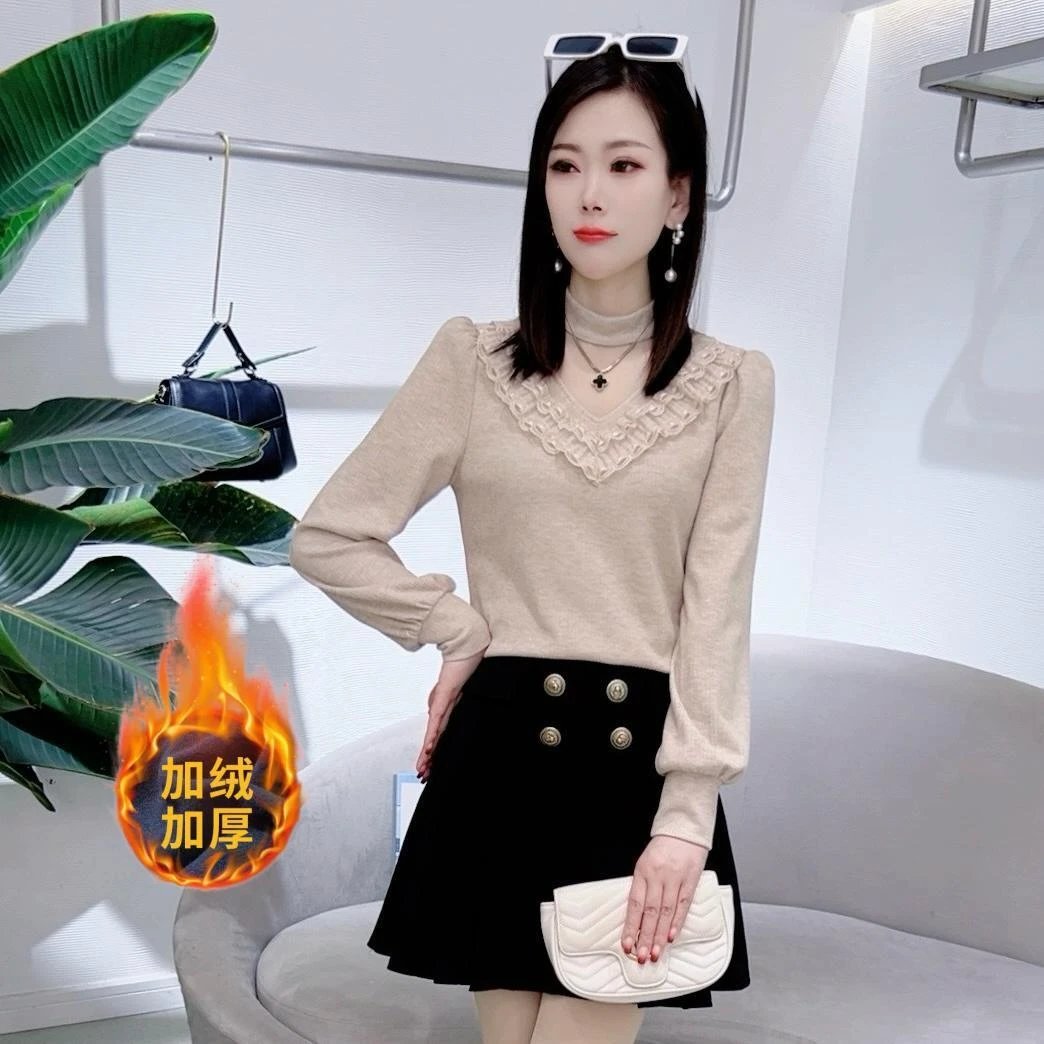 A7618秋冬新款长袖蕾丝打底衫加绒气质修身显瘦洋气上衣