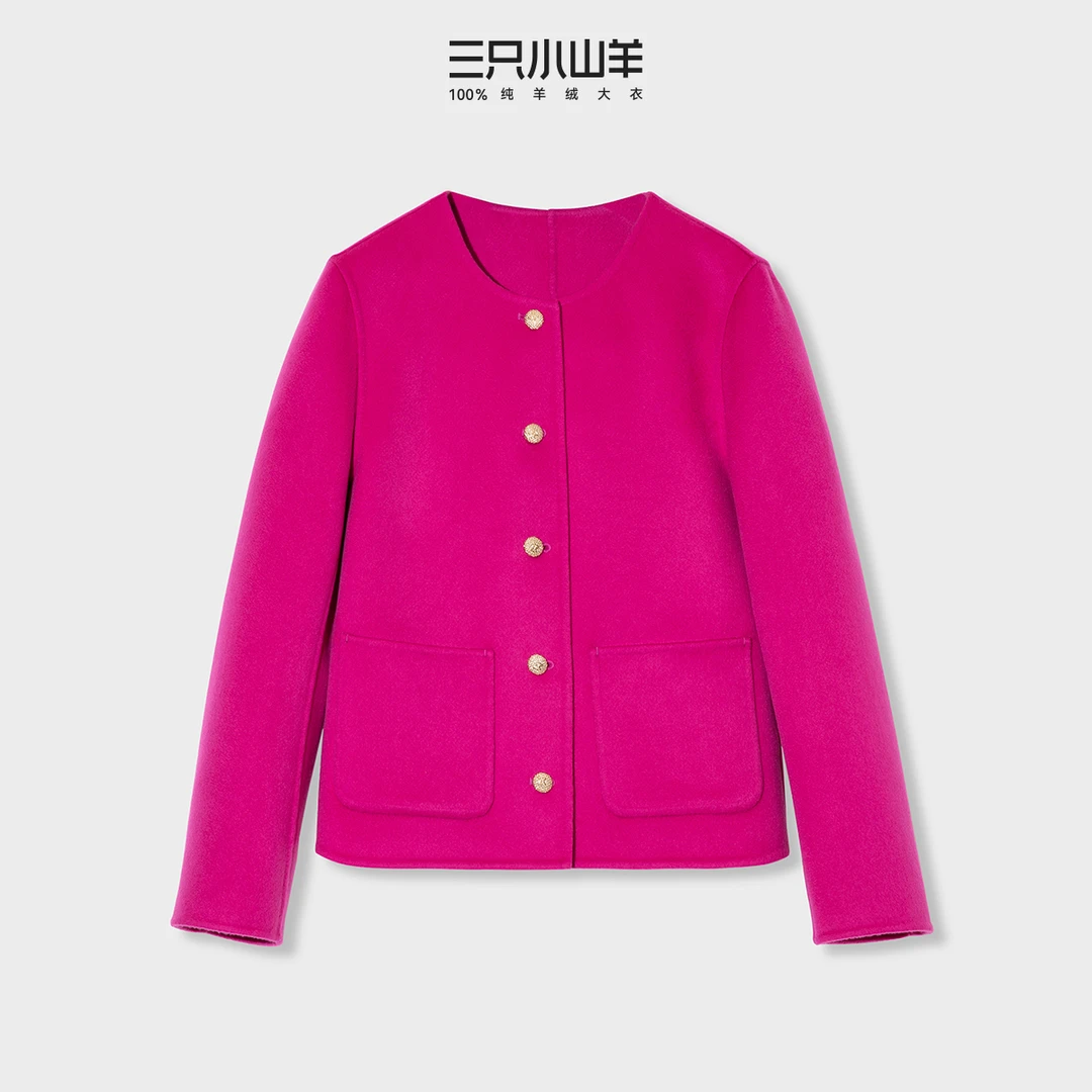 三只小山羊 小香风外套100纯羊绒 女 小个子短款高档