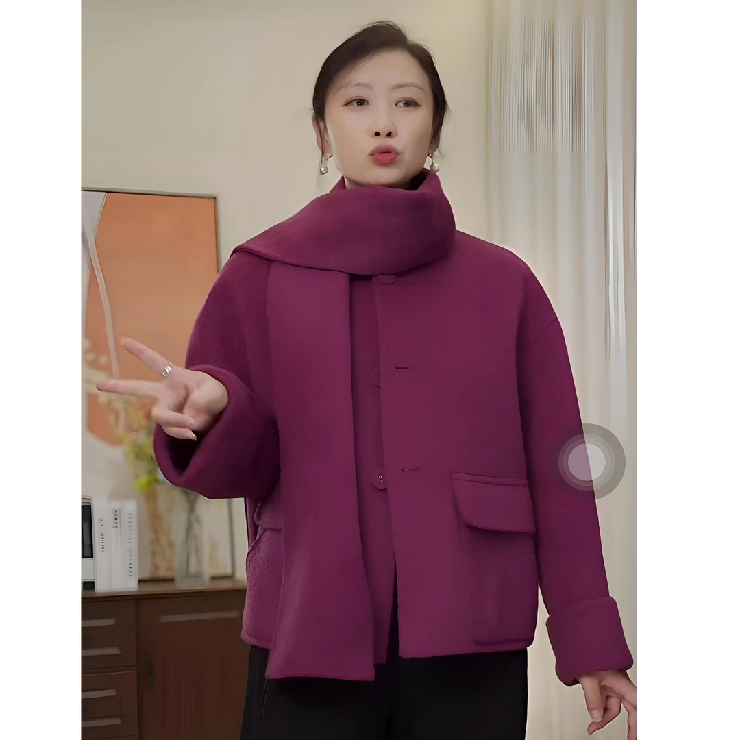 秋冬新款双面呢羊毛大衣高定配色气质百搭围巾短款女士大衣外套