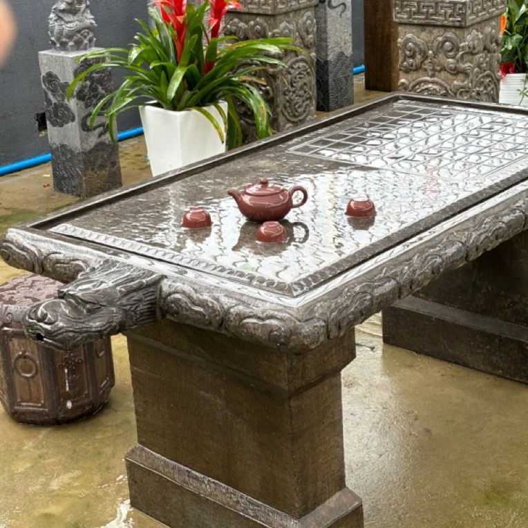 黑青石方桌龙头棋盘桌茶桌原石整石石桌茶室会所庭院中式置景石雕