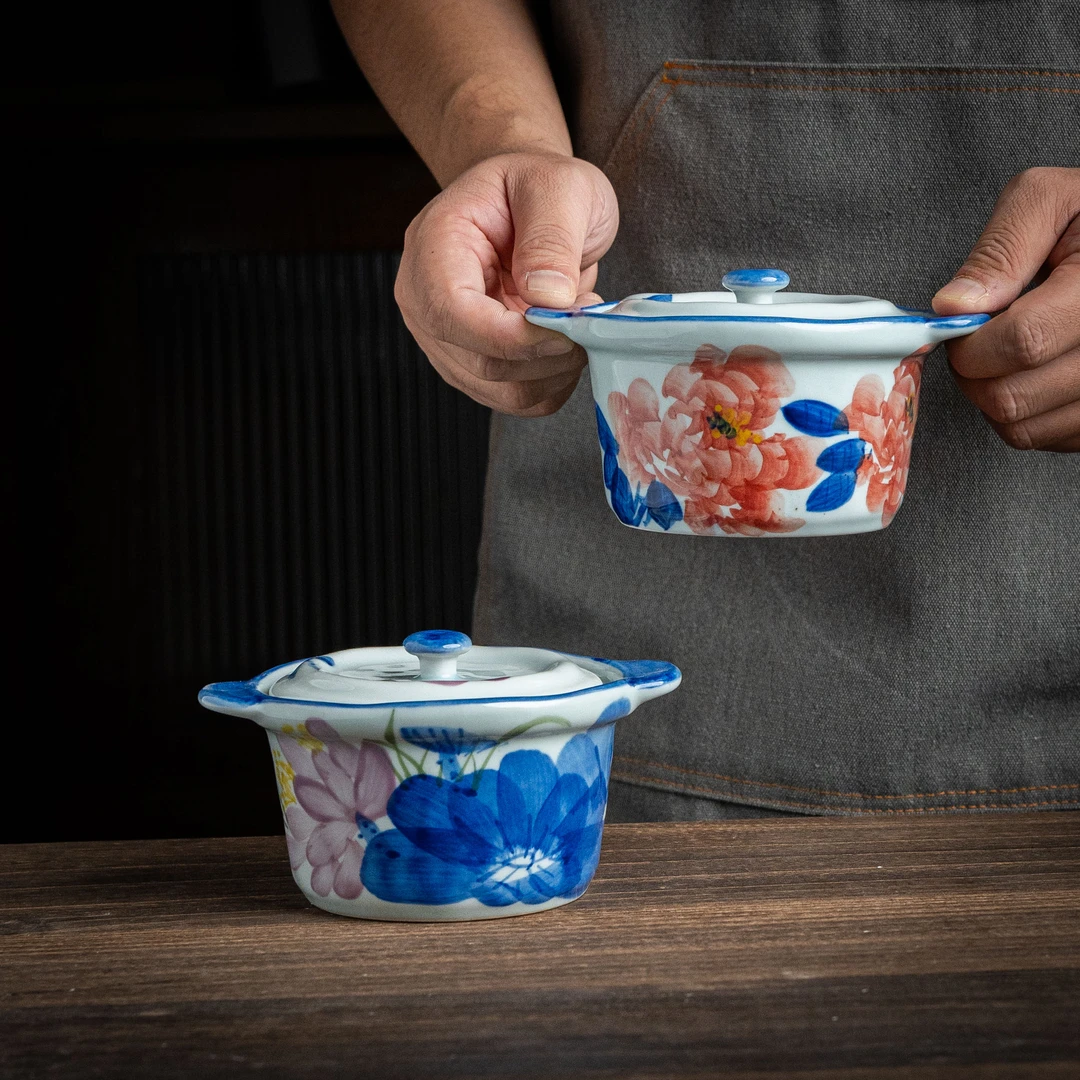 5寸双耳炖盅紫荷牡丹紫藤C344景德镇高温釉下彩手绘炖盅