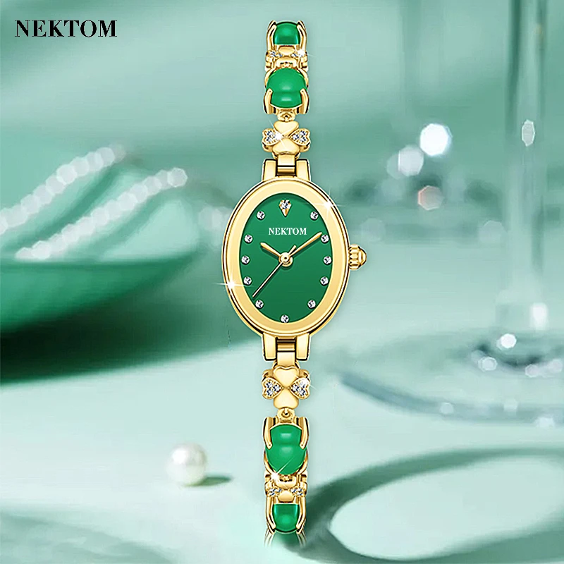 NEKTOM/耐顿女神节礼物轻奢女士手表精致链条手表翠玉金镶玉何