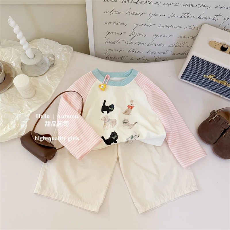 【甜品起司】韩国童装女宝条纹插肩袖卡通小动物印花T恤休闲裤套装