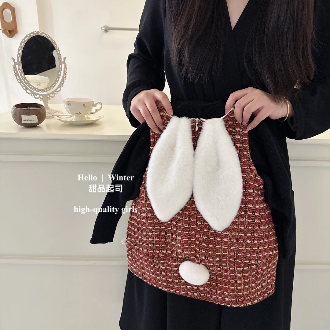 【甜品起司】小香风兔兔绗棉连衣裙女童新年红色裙子泡泡袖毛衣套装