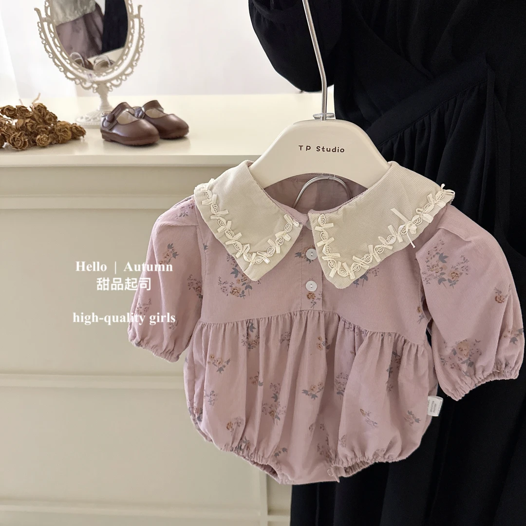 【甜品起司】女宝宝蔷薇粉翻领钩花刺绣花边长袖连体哈衣三角爬服