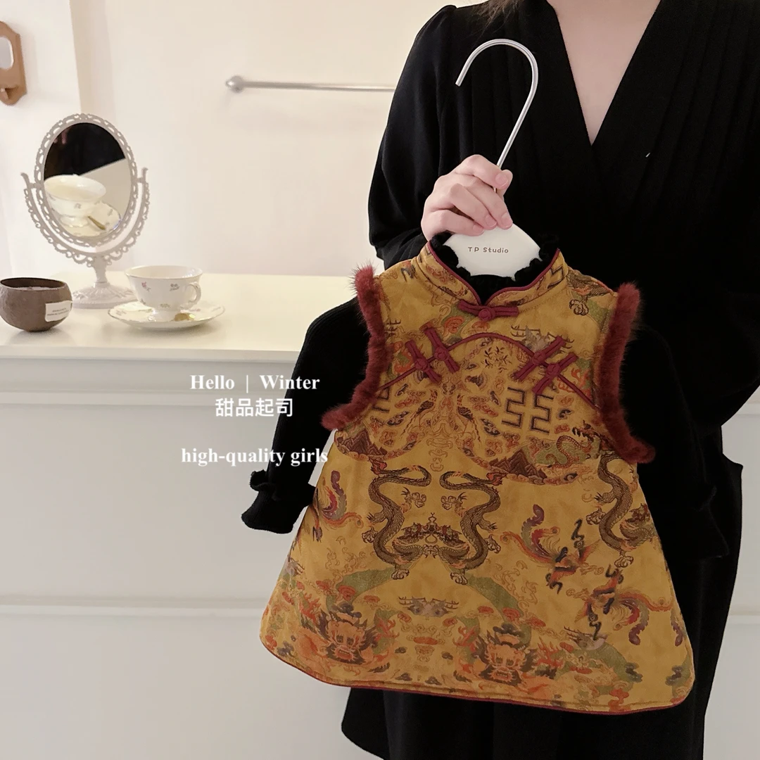 【甜品起司】女童拜年服加厚旗袍马甲龙凤呈祥云纱中式连衣裙