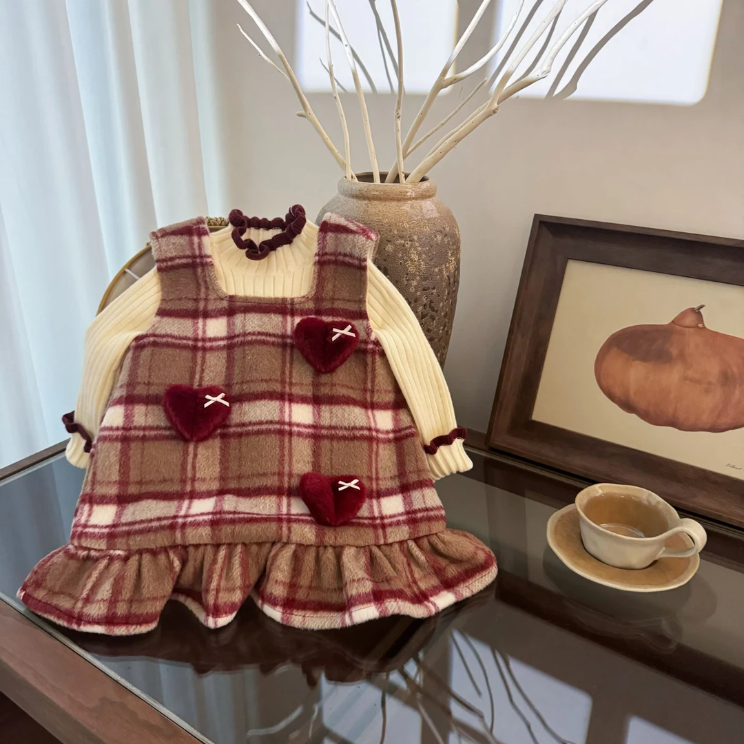 【甜品起司】C位爱心！女宝宝冬装新款洋气儿童加绒鱼尾格子裙