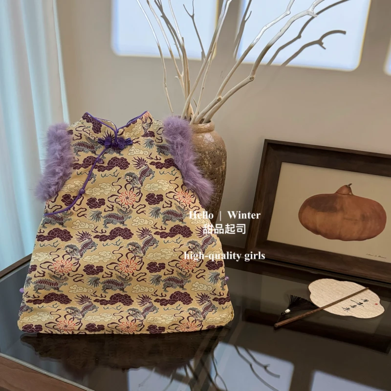 【甜品起司】新中式女宝宝秋冬复古提花夹棉立领旗袍毛绒坎肩背心裙
